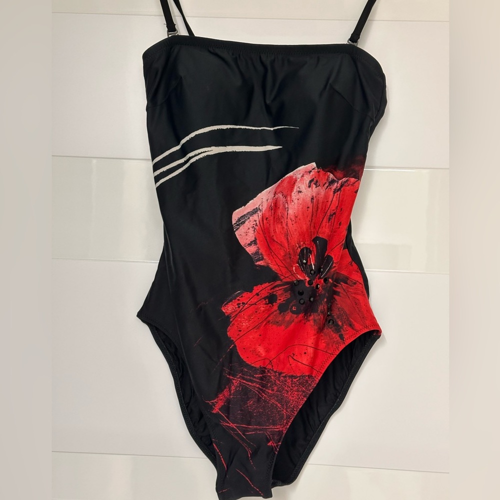 Gottex Black One-Piece Swimsuit with Red Floral Artwork